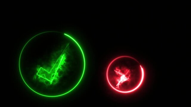 Neon green check mark and red x cross symbols glowing with smoke effect on black background, x mark