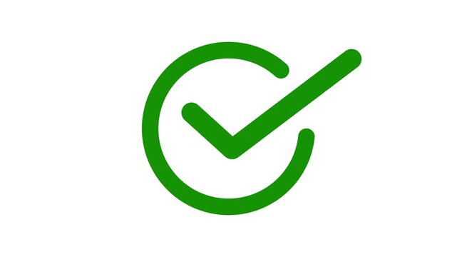 Check mark icon animation. tick confirm correct accept select checkbox circle sign symbol on black background. Animated white check mark icon in green circle. Isolated on a white background.