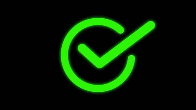 Check mark icon animation. tick confirm correct accept select checkbox circle sign symbol on black background. Animated white check mark icon in green circle. Isolated on a white background.