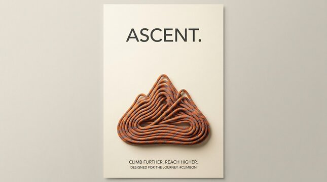 Creative rope sculpture forming mountain peak on beige background with ascent text