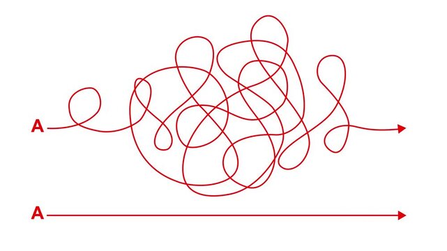 Complex and easy way from point A to B. hand drawn doodle scribble chaos path lines. kids tracing paths, Motion graphics of Complex and easy way line direction concept, 4k