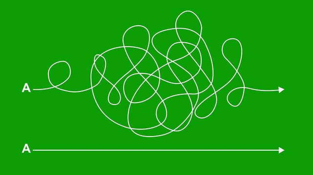 Complex and easy way from point A to B. hand drawn doodle scribble chaos path lines. kids tracing paths, Motion graphics of Complex and easy way line direction concept, 4k
