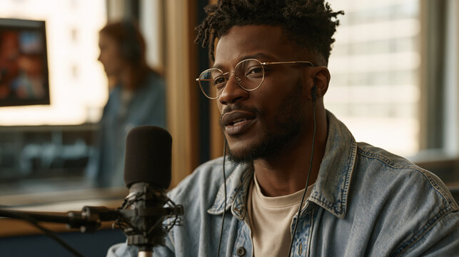 A dubbing actor sits close to a directional microphone in a soundproofed studio booth, eyes fixed on a wall monitor replaying an animated scene, his lips moving in precise sync