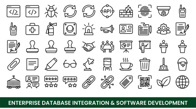 Enterprise database integration and software development design icons with bug, API, handshake for presentation in minimal outline style