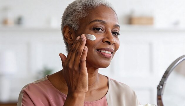 Mature Black woman applying skincare cream to her face. Smiling senior African American female using moisturizer. Healthy aging and daily beauty routine concept