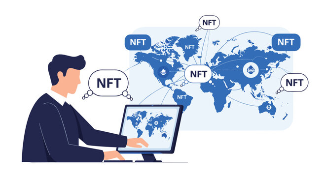 Laptop user tracking global NFT token transactions on a world map, representing digital crypto assets.