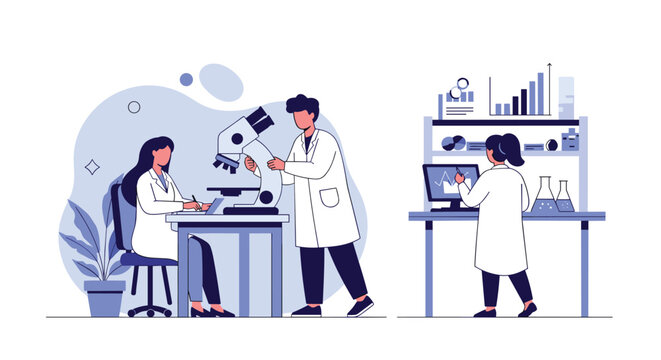 Biology researchers analyzing clinical samples under microscope and recording database on computer.