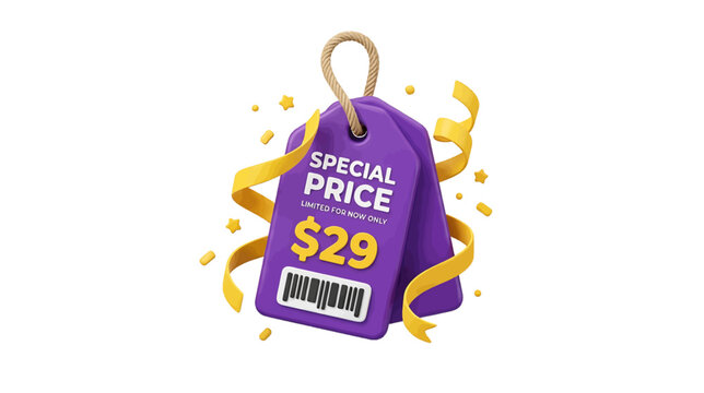 Vector illustration of 3d render of a purple price tag with special offer of 29 dollars on a transparent background