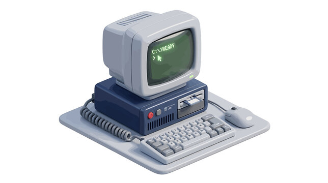 Vector illustration of retro vintage computer with monitor, keyboard, mouse and floppy disk drive on a transparent background
