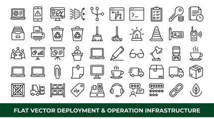 Fototapeta premium Deployment and operation infrastructure concept icons with laptop, printer and delivery truck for infographic design in outline style