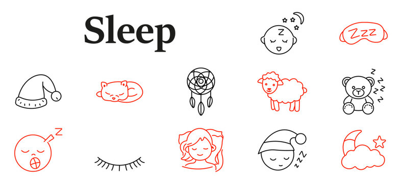 Sleep set icon. Dreamcatcher, sleeping child, moon cloud, bedtime accessory, resting animal, nighttime comfort, relaxation illustration collection.