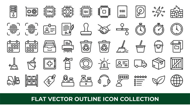 technology and business vector icons with chip, fingerprint and fire wall for infographic design in outline style