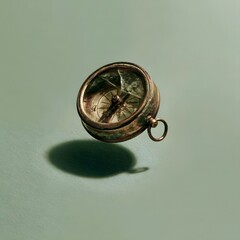 Fototapeta premium Antique brass compass with cracked glass floating over sage background