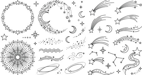 Celestial Line Art Vector Element Set Featuring Stars, Moons, Constellations, and Shooting Stars for Astrology, Tarot, and Mystical Graphic Designs © MD