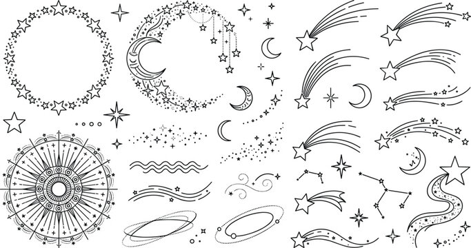 Celestial Line Art Vector Element Set Featuring Stars, Moons, Constellations, and Shooting Stars for Astrology, Tarot, and Mystical Graphic Designs