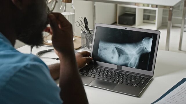 African American middle aged male veterinarian analyzing dog x-ray on laptop screen in clinic. Footage is perfect for veterinary medicine marketing and pet healthcare services