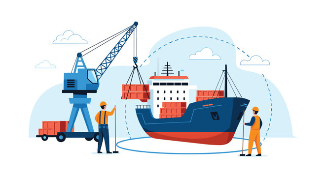Port cargo shipping process with crane loading containers onto a large vessel and dockworkers supervising.
