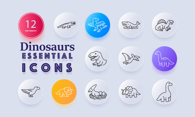 Dinosaurs set icon. Crocodilian reptile, feathered creature, aquatic predator, plated lizard, tyrannosaur, flying pterosaur, spotted sauropod, nesting hatchling, horned triceratops. © Кирилл Макаров