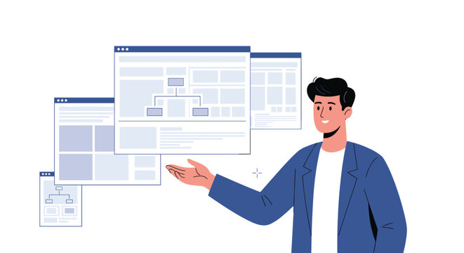 Developer showing diagram wireframes, website user interfaces, and sitemaps on virtual floating screens.