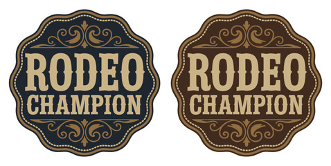 Set of vintage rodeo champion badges with decorative western frames champion ornament typography competition illustration ornamental decorative © VectorVibe Studio