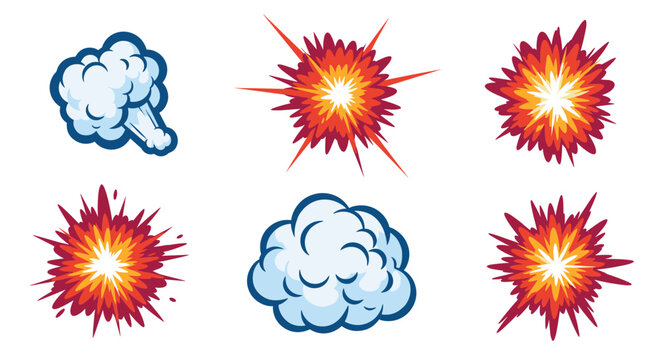 Comic style explosion and smoke cloud design elements bundle showing powerful blast effects on a white background.