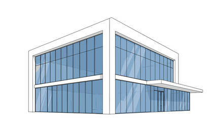 Fototapeta premium Modern two story corporate glass office building architectural drawing with clear reflections on blue windows.