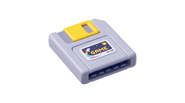 Vector illustration of retro video game cartridge with game label, 3d render, on a transparent background