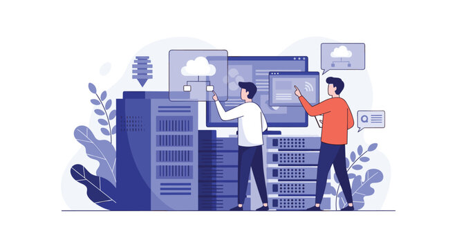 System administrators configure database hosting servers connected to cloud computing systems in data center.