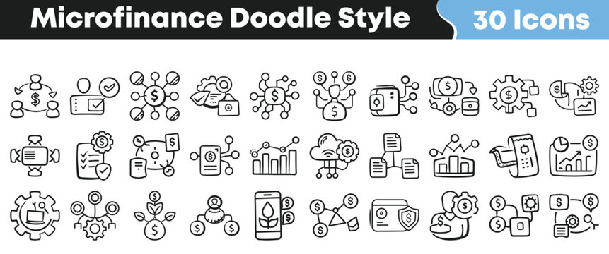Set of thirty hand drawn microfinance icons in doodle style