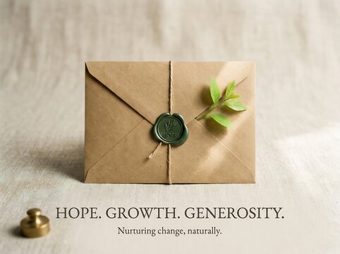 Brown kraft envelope with green wax seal and leaf on beige background symbolizing hope, growth, generosity