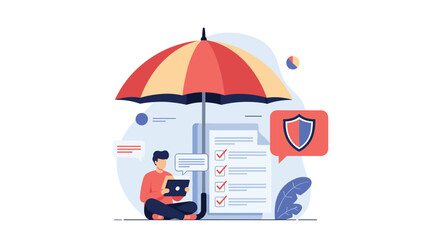 Naklejka premium Man sitting under large umbrella holding tablet with shield icon and checklist, representing insurance and protection.