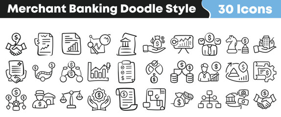 Naklejka premium Collection of merchant banking doodle icons for financial business projects