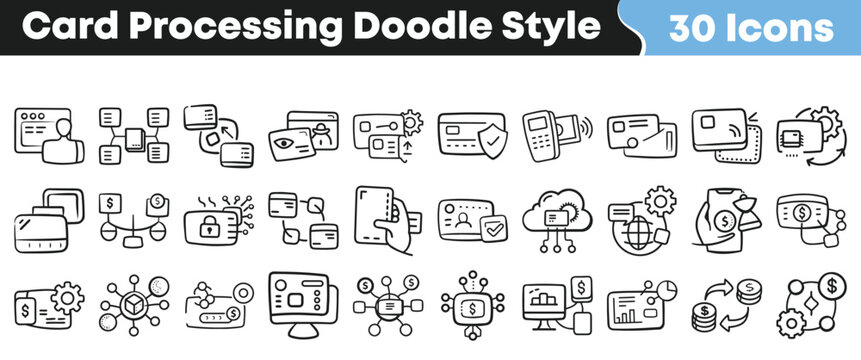 Set of thirty hand drawn card processing payment system icons