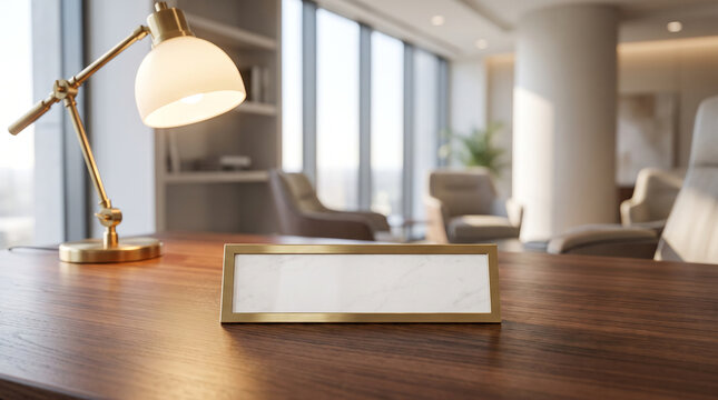 Modern Office Desk With Lamp In Stylish Workspace And Blurred Interior