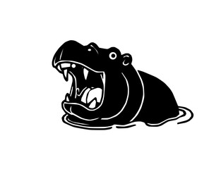 A hippopotamus emerging from water with mouth wide open showing teeth.