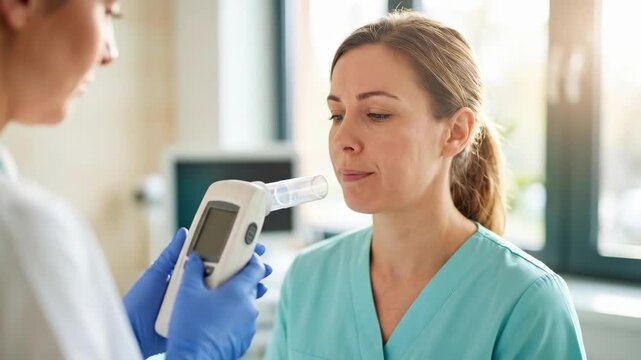 Nurse performing spirometry test on woman patient in medical clinic. Respiratory health assessment with diagnostic device