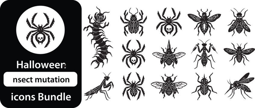 Set of 15 solid icons related to insect, mutation - collection of spider, centipede, bee, mantis, mosquito, cyborg, skull, technology vector elements