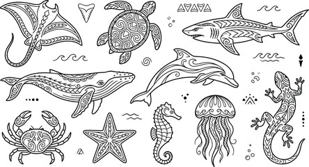 Tribal Sea Animal Line Art Vector Set Featuring Polynesian Style Turtle, Shark, Whale, Dolphin, and Stingray Patterns for Tattoo and Island Culture Designs © MD