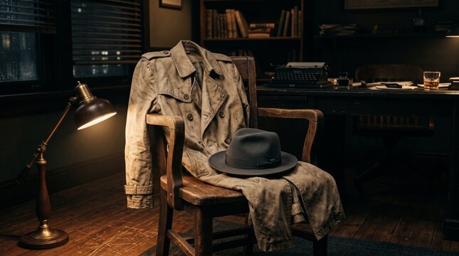 Vintage beige trench coat and a dark grey fedora hat resting on a wooden chair inside a moody detective office illuminated by soft warm lamp light