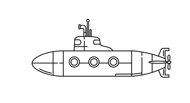 Simple black and white outline of a submarine with portholes and a periscope isolated on a clear white background for coloring or design.