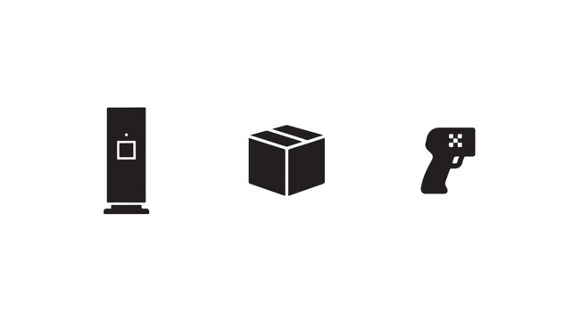 A set of three modern icons including a scanner, box, and barcode reader on white background