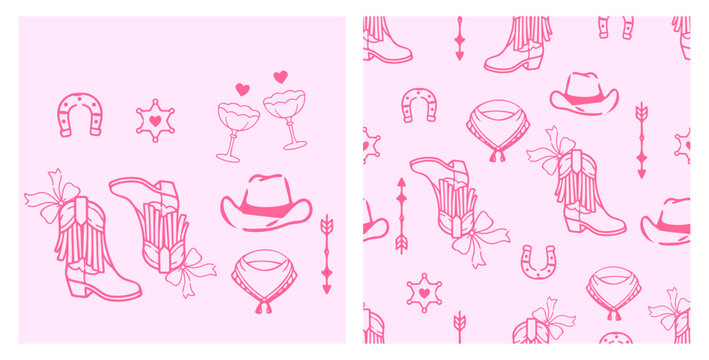 Cute western cowgirl seamless pattern featuring cowboy boots, hat, bandana, sheriff badge, horseshoe, arrows, and bows in hand drawn flat vector style for fabric, wrapping paper, apparel, and textile 