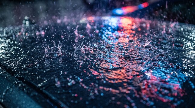 Intense raindrops hitting a dark surface create beautiful splash crowns illuminated by vibrant neon red and blue light reflections in this moody high quality macro photograph
