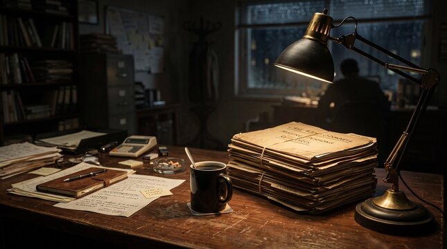 Stacks of worn investigation case files rest on a dark wooden desk beside a warm glowing lamp and a ceramic coffee mug in a dim office