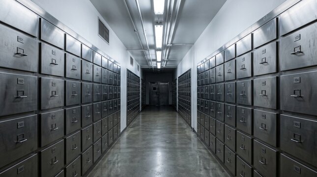 Long narrow corridor filled with rows of industrial metal safe deposit boxes illuminated by bright overhead fluorescent lights in a secure banking storage vault facility room.