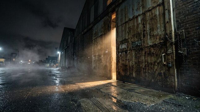 Weathered rusty metal sliding doors of an old industrial factory warehouse at night illuminated by a warm glowing light spilling out into the misty courtyard