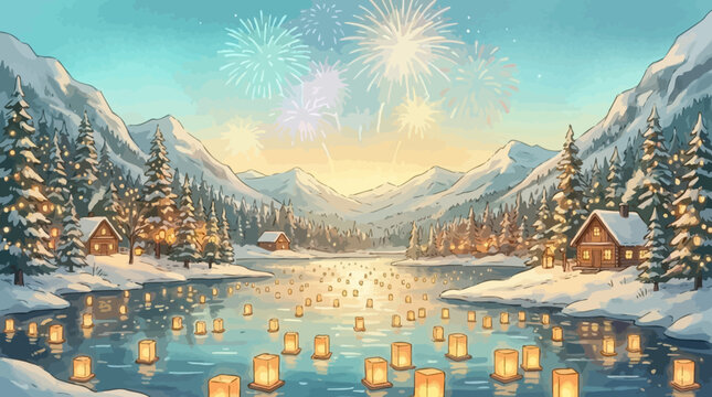Floating lanterns on lake during snowy mountain fireworks.