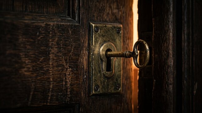 Antique brass key inserted into a worn wooden door lock mechanism creating a mysterious atmosphere with warm golden light glowing through the slightly open dark doorway