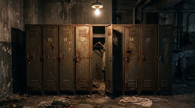 Old weathered metal lockers with rust patches and peeling paint stand in a dark abandoned room illuminated by a single glowing vintage light bulb hanging above