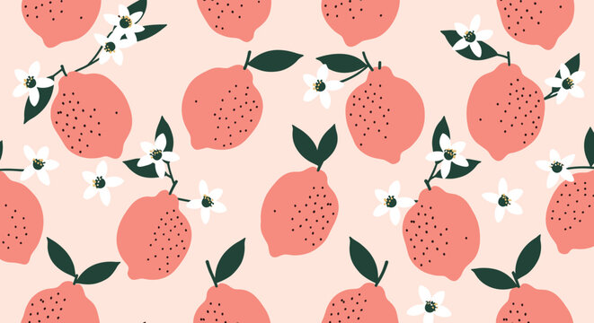 Pink lemons with green leaves and small white flowers on a soft pink background form a fruity seamless pattern.